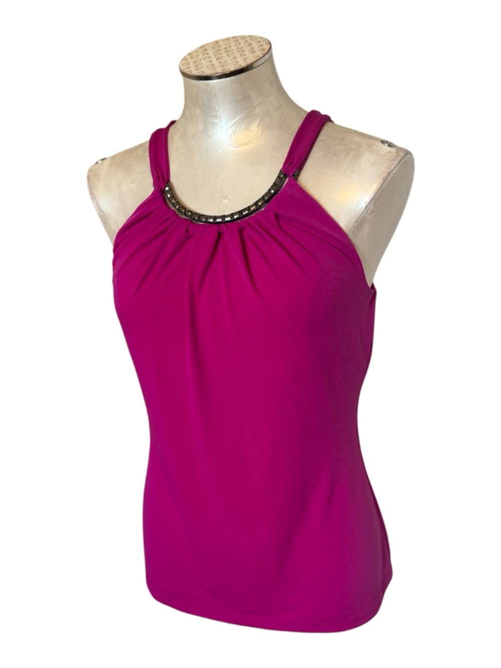 Caché Fuchsia Pink Jeweled Halter Neck Tank Top Sleeveless Blouse Size S